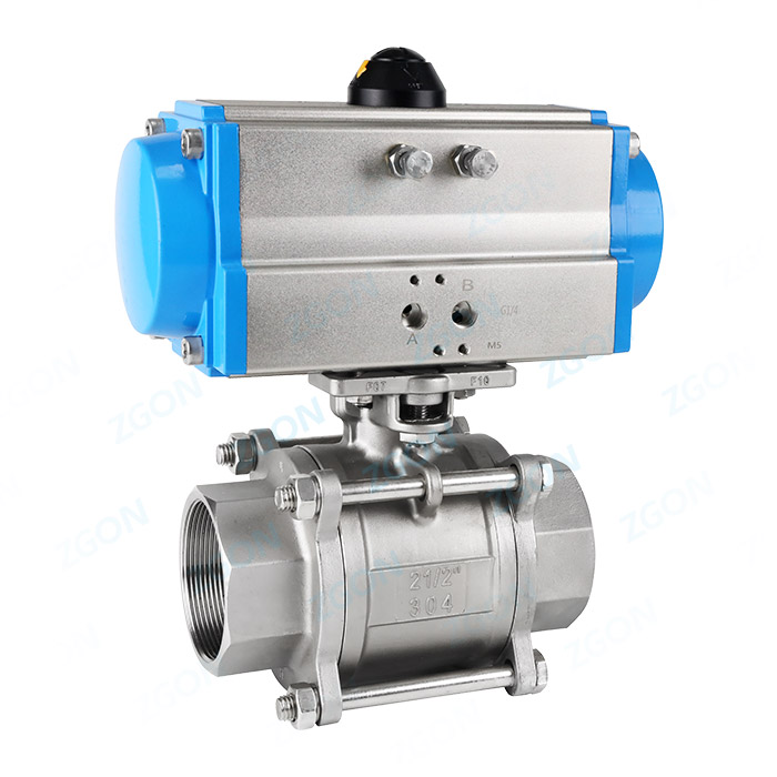 Pneumatic three piece threaded ball valve