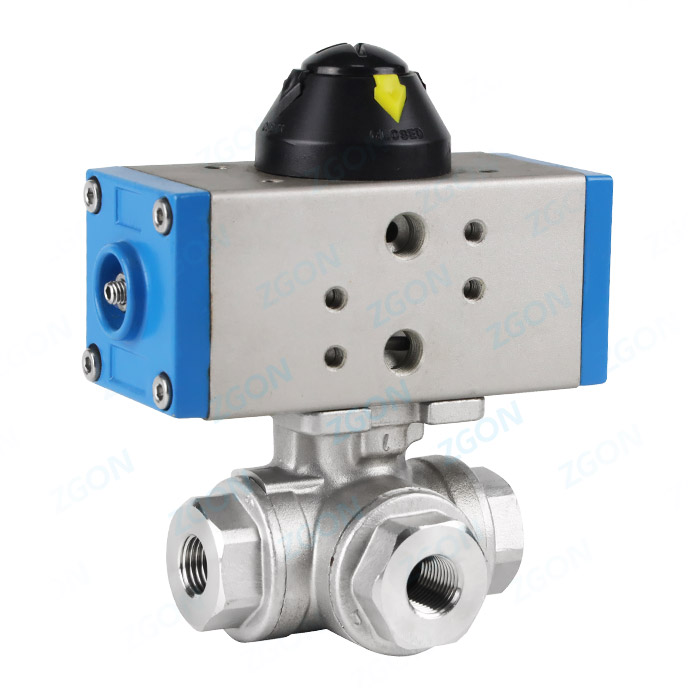 Pneumatic three piece three-way ball valve
